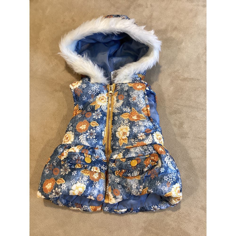 Little Lass Puffer Vest, Size 12 Months, blue with yellow, gold and white floral